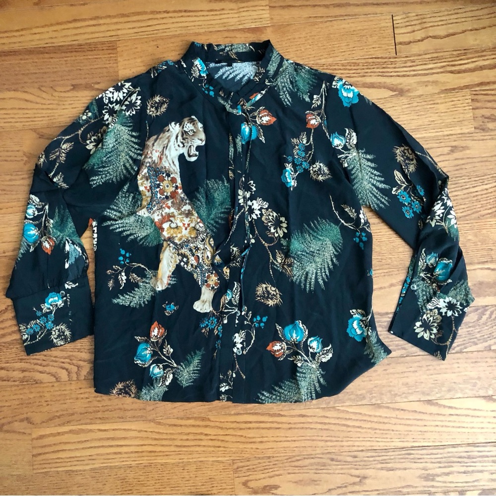 Kobi Halperin Black Blouse Teal Brown & Cream Floral Tiger Print Women’s Size L